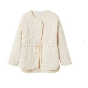 Mango Quilted Cream Jacket – Tie Waist – Textured Lightweight Jacket